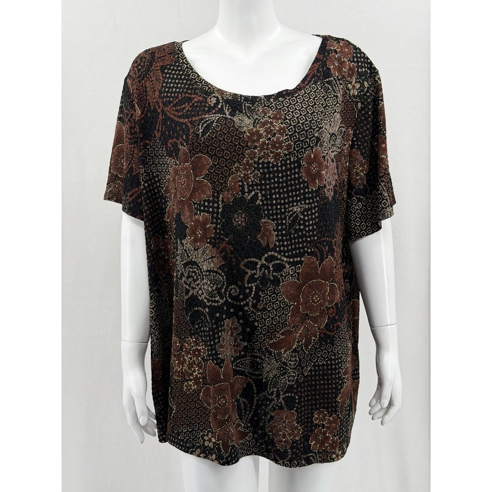 White Stag Top Womens 4X Brown Floral Stretch Boho Mature Travel Short Sleeve